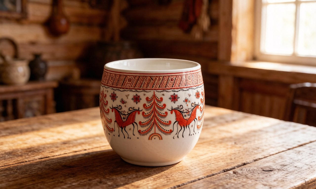 "Белая глиняная кружка с мезенской росписью"